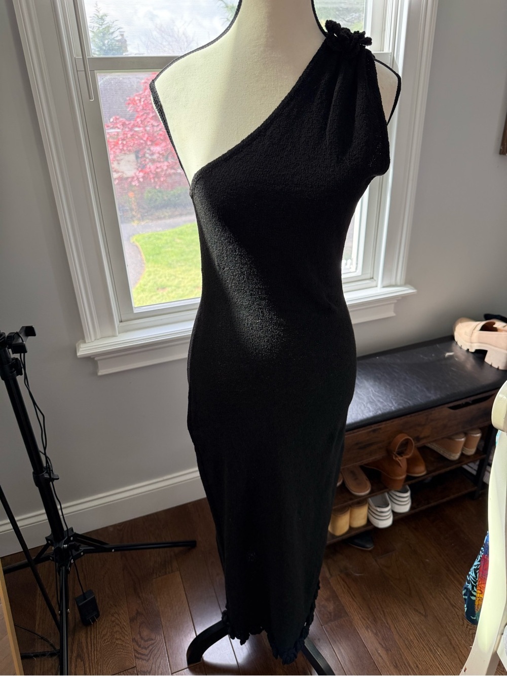 Meshki Black One-Shoulder Midi Dress with Shoulder and Rosette Trim Size Large